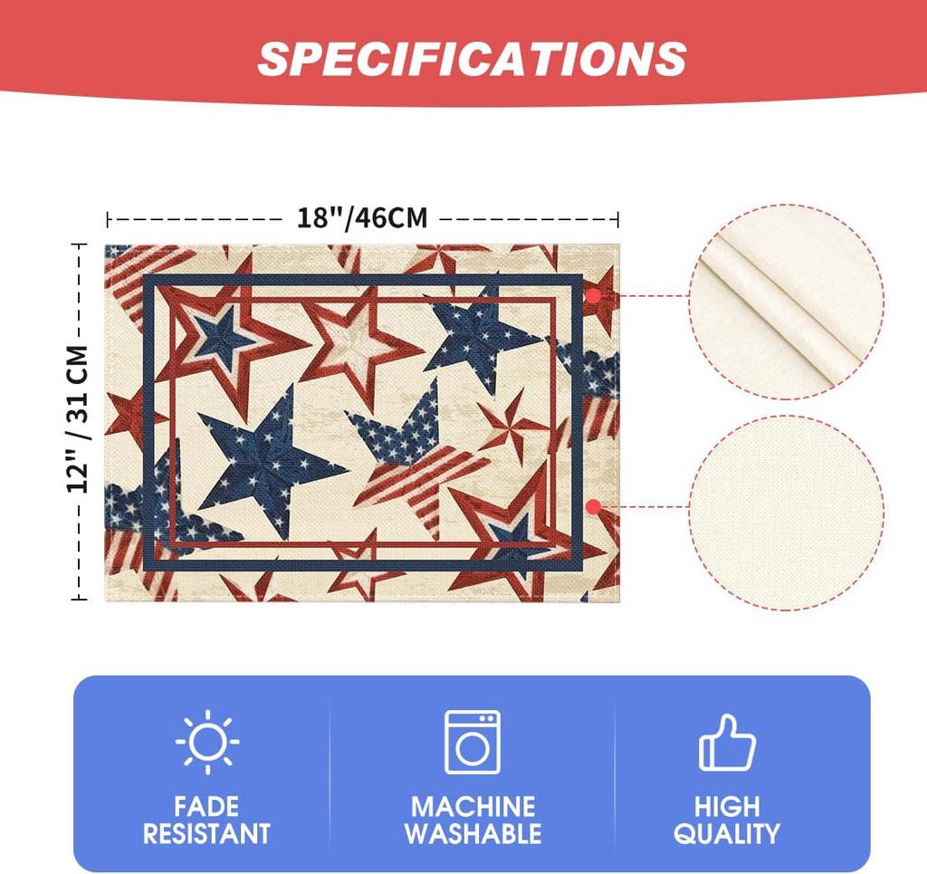 Stars Stripes Patriotic 4th of July Placemats Set of 4, 12x18 Inch Memorial Day Table Mats for Party Kitchen Dining Decoration Beige