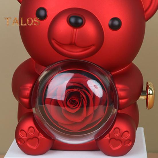 Preserved Rose Hug Bear Gift Box with Handbag Eternal Flower Rotating Bear Jewelry Holder for Women Valentine's Day Anniversary