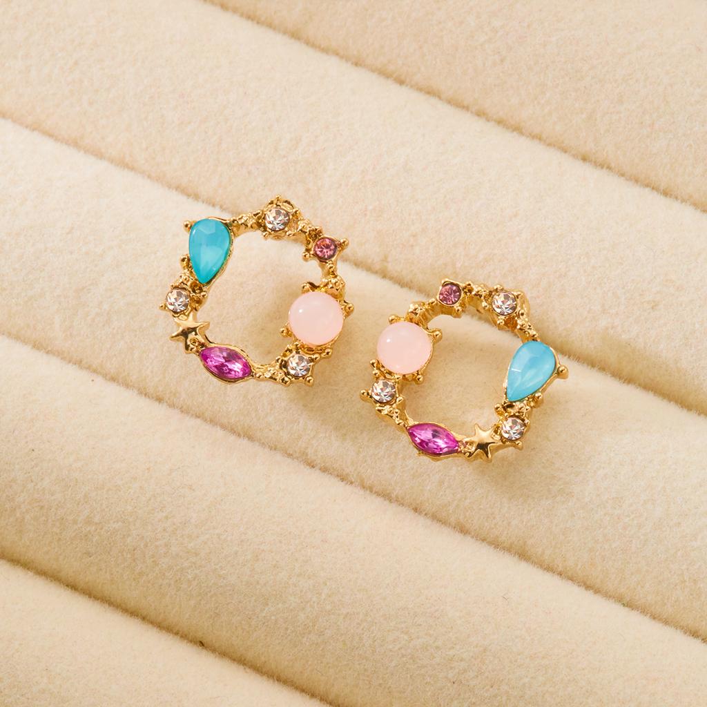 Korean Sweet Colorful Rhinestone Wreath Stud Earrings for Women Flower Crystal Round Earring Party Birthday Jewelry Brincos Gift