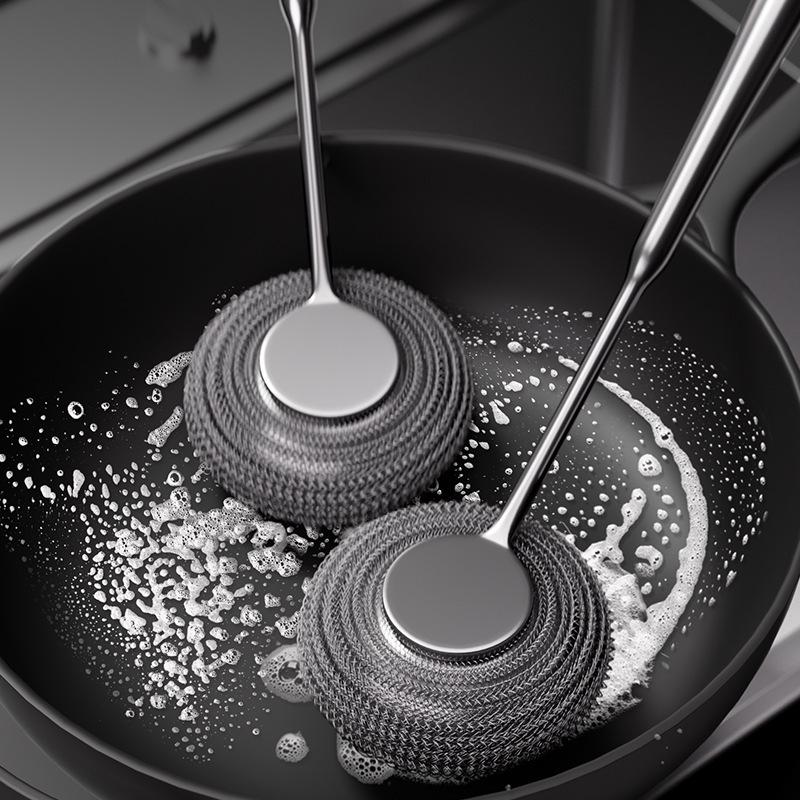 Brosse à Pot en Acier Inoxydable à Manche Long: Poils Métalliques Durables, Ne Perd Pas ses Poils, Idéal pour la Vaisselle et le Nettoyage de la Cuisine.