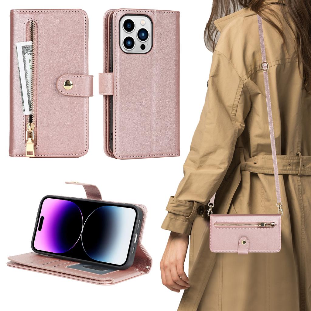 Crossbody Zipper Cards Bag Wallet Leather Case For iPhone 15 Pro Max 14 Plus 13 12 Mini 11 XR 7 8 SE 2022 Purse Pocket Lanyard