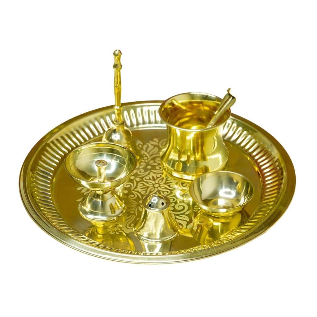 Pure Brass 10 Inch Pooja Thali Set Puja Thali Set for Home & Gifting, Brass Aarti Thali for Pooja, Mandir, Wedding & Festivals