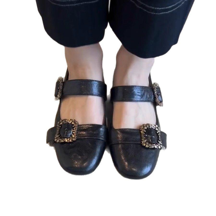Sheepskin Version~ Retro Metal Square Buckle Mary Jane Small Leather Shoes Low Heel Round Head Leather Word with Shallow Mouth Single Shoes Women