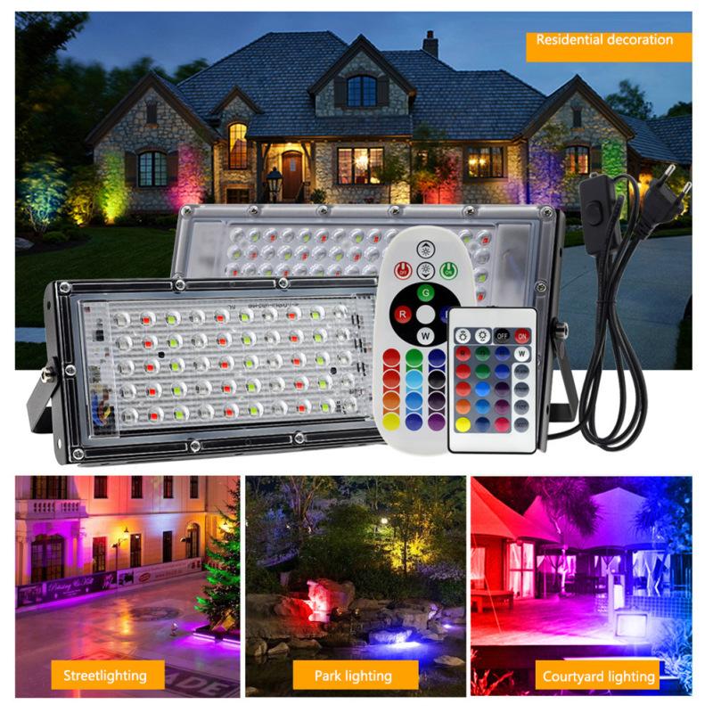 Led Floodlight With Remote Control Outdoor Colorful Rgb Flood Light Spotlight Landscape Lighting