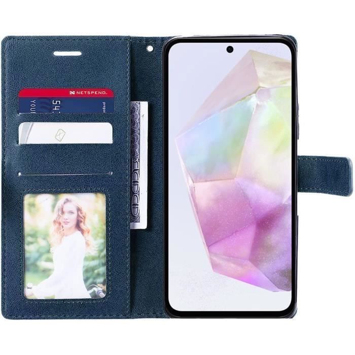Coque de protection - BOOLING - pour Samsung Galaxy A35 5G - Bleu Marine - Effet Cuir Rétro - avec Porte-cartes - 2 Verres Trempé