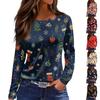 Women's Christmas Print Long Sleeve Top with Round Neck and Side Slit