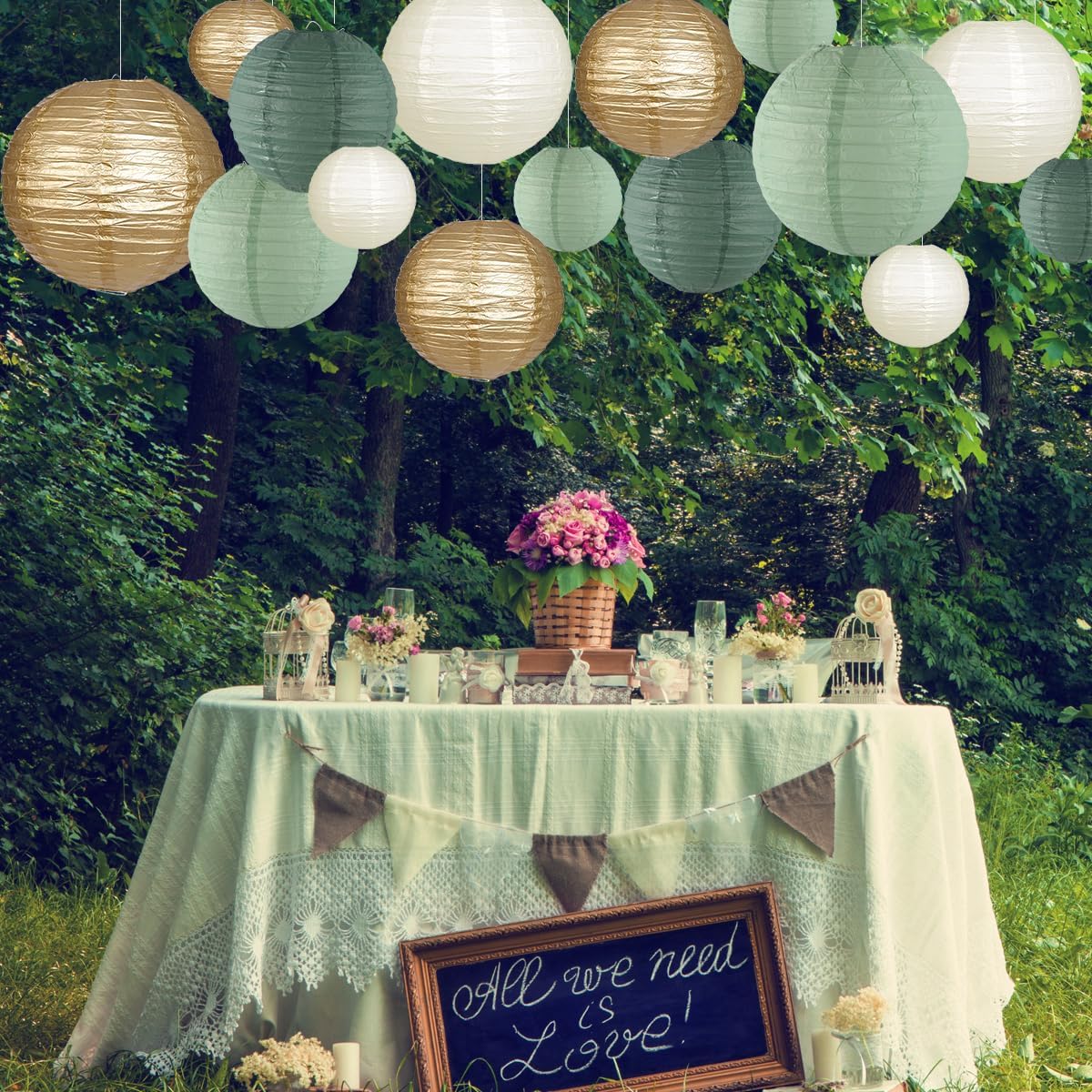 Lot De 15 Lanternes En Papier Vert Sauge, Or, Ivoire - Décoration Mariage, Fête, Jardin, Suspendue
