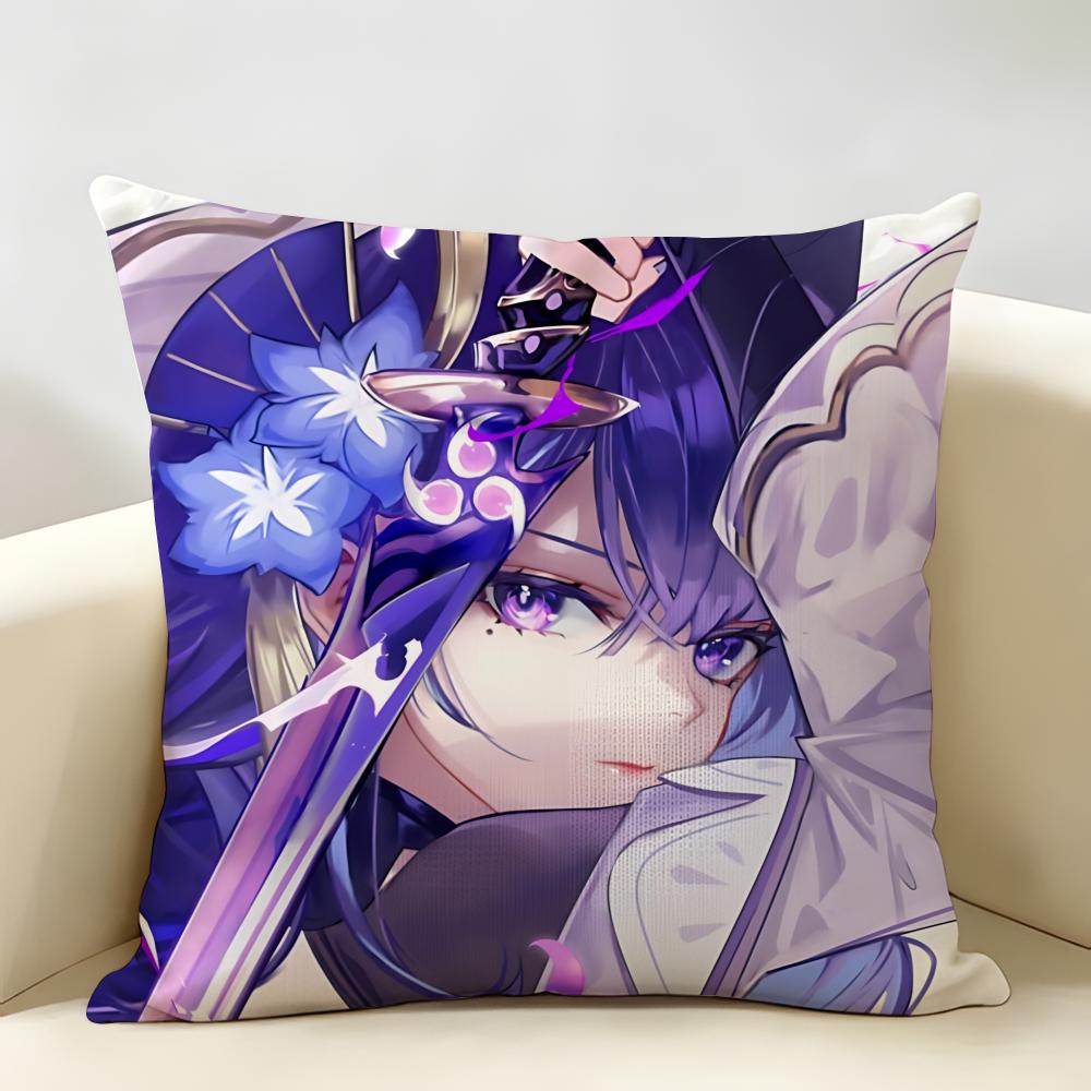 Raiden Shogun Genshin Impact Cushion Cover Natural Linen Organic Fabric DoubleSided Printing Room Sofa Decor Pillow Case