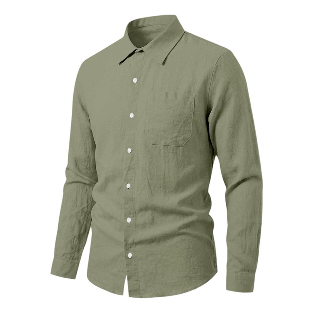 Men’s Linen Long Sleeve Shirt with Classic Turn-Down Collar and Single Chest Pocket Casual Relaxed Fit for Spring and Autumn