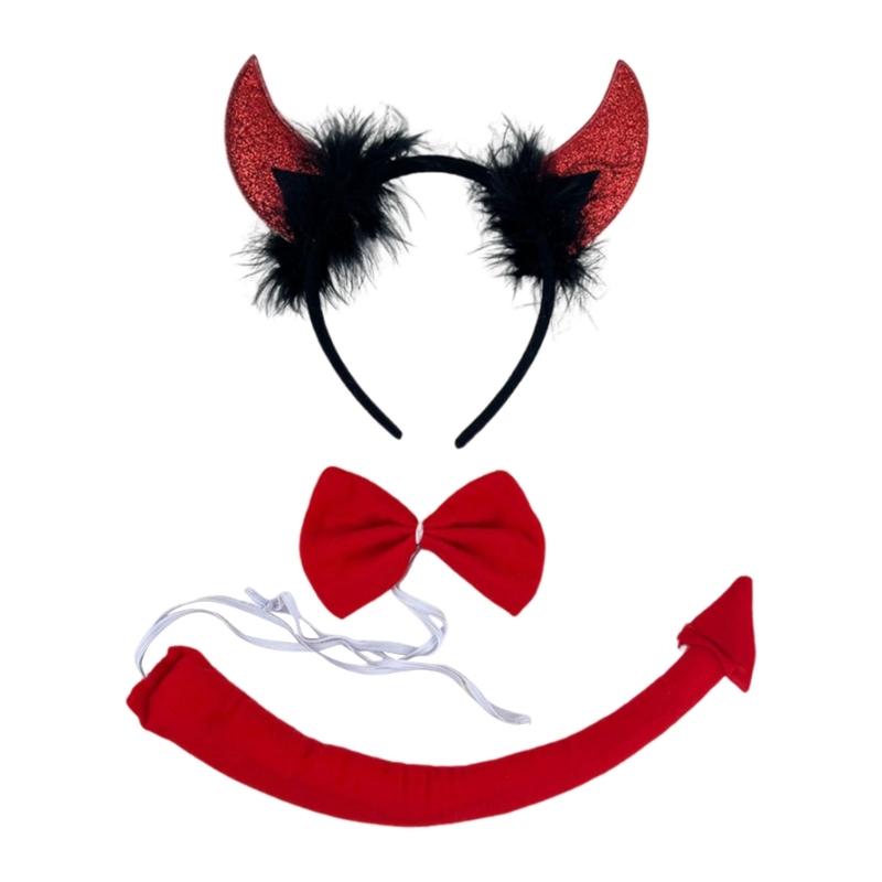 Halloween Cow Costume Animal Dress up Set Includes Cow Horn Headband, Tail, Bowtie for Kid Girl Halloween Cosplay Party