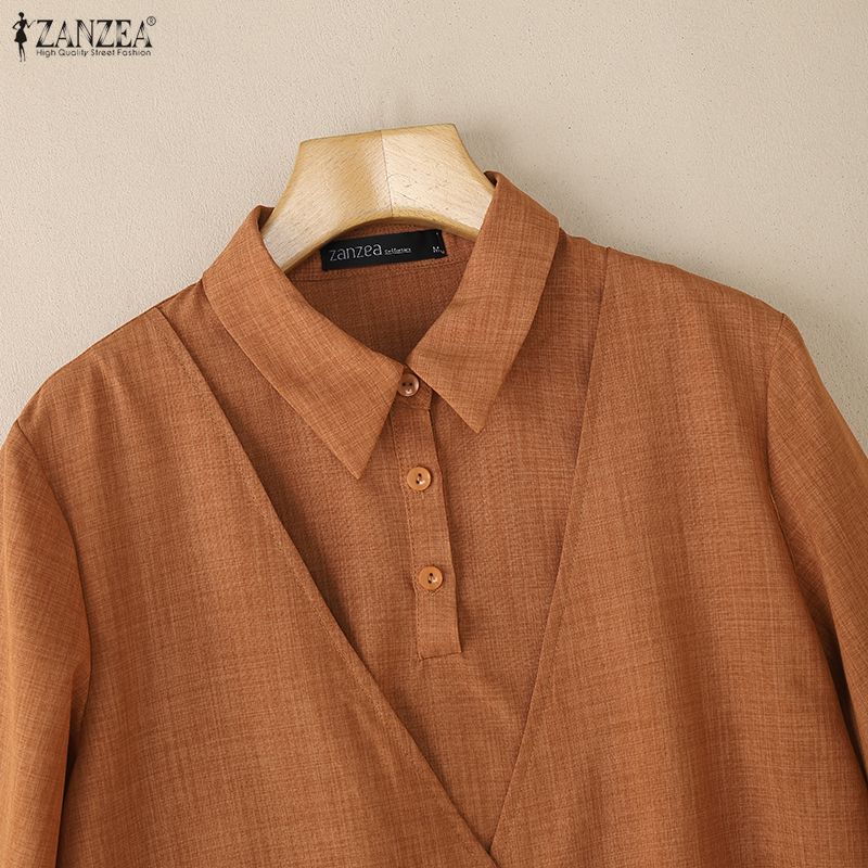 ZANZEA Women Casual Turn Down Collar 3/4 Sleeve Loose Blouse