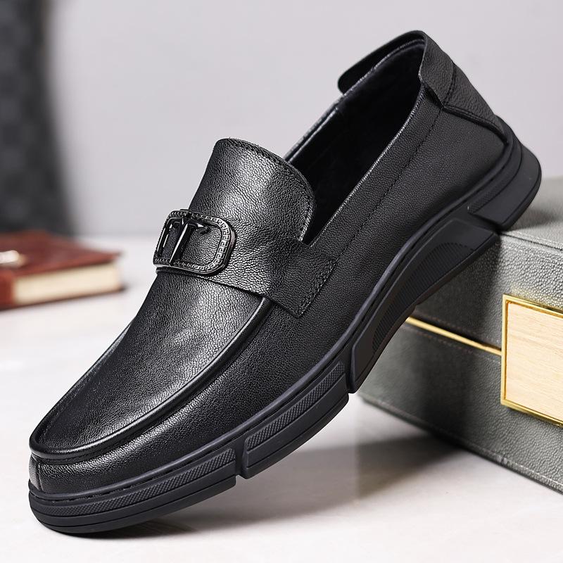 

Spring new men s casual leather shoes leather breathable beanie shoes round head men s shoes soft shoes 44 чёрный