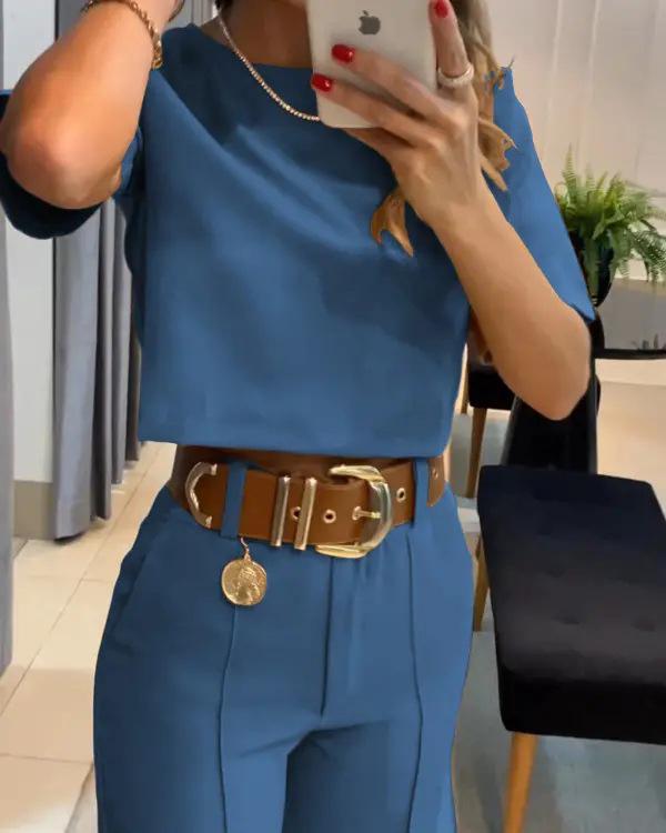 Set Casual de Camiseta de Manga Corta con Cuello Redondo y Color Sólido para Mujer Europea y Americana y Pantalones de Pierna Ancha