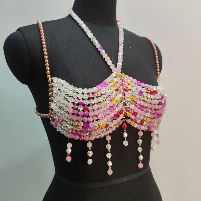 Graduated Colorful Beads Tassels Bralette Body Chain for Women’s Beachwear Beaded Body Jewelry Harness Bustier Bra Top