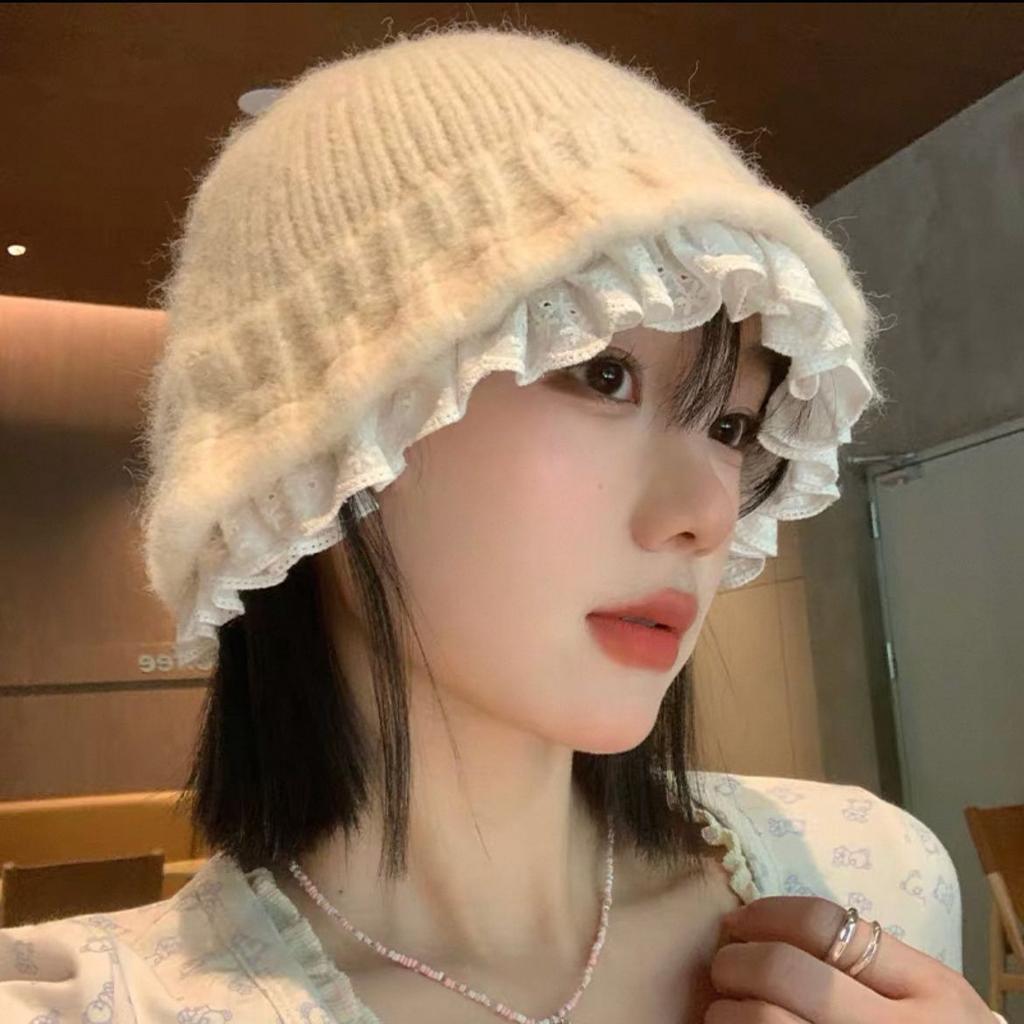 Lace Lace Knitted Bucket Hat Women's Autumn and Winter Sweet Warm Face Small Wool Hat Advanced Sense