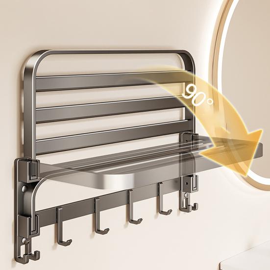 Towel Rack Foldable Wall Mounted Space Aluminum Towel Rail with Hooks Black Matte Finish Durable Rust-Resistant Bathroom Storage