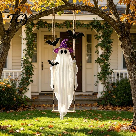 Hanging Ghost Decorations for Halloween Swing Ornament with LED String Lights Outdoor Decor, Adjustable Decorative Polyester Garden Light-Up Bat Decor