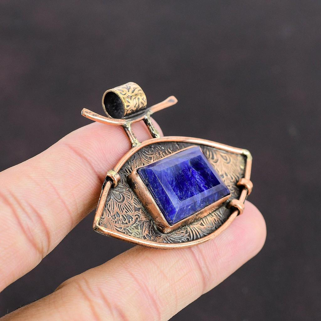 Facettierter Blauer Saphir Anhänger Kupfer Anhänger Handgemacht zierlicher Anhänger Antik Schmuck für Geschenke Frauen Anhänger Natürlicher Edelstein Kupfer Schmuck