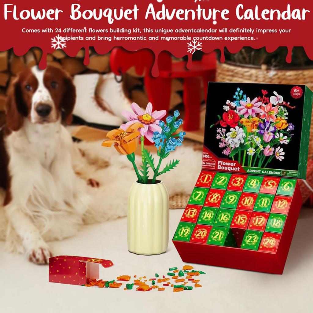 Christmas 24 Days Flower Bouquet Countdown Calendar W/24 Kind of Flower Flower Bouquet Building Blocks Set for Adults Teens Kids