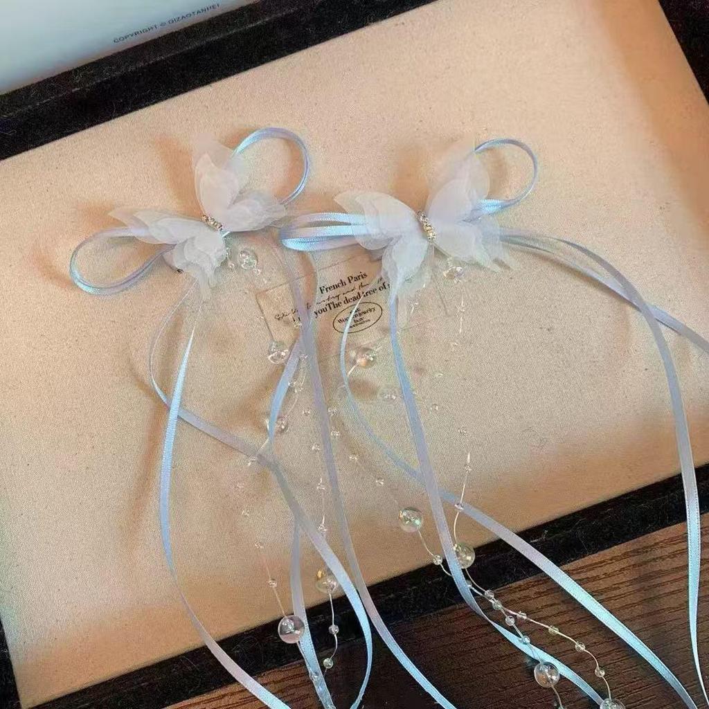 Fermaglio per Capelli con Nappa e Fiocco in Perline e Nastro Francese per Bambine – Doppia Pinza Intrecciata Stile Balletto