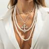 Hip-hop Punk Inlay Pearl Hollowed-out Cross Pendant Multi-layer Imitation Pearl Beaded Necklace for Women Fashion Charm Jewelry