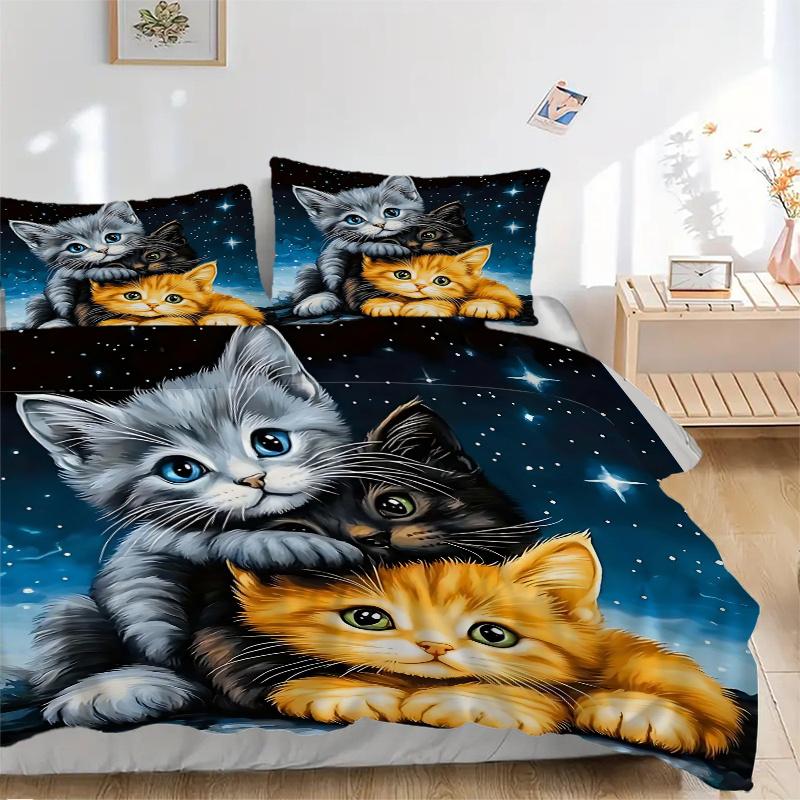 3pcs Three Cute Kittens Under a Starry Night Sky Pattern Bedding Three-Piece Set, This Printed Bedding Set Is Soft and Comfortable