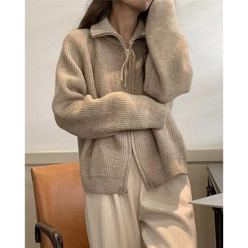Stand-up collar pit strip double-ended zipper knitted cardigan top trendy autumn and winter new soft waxy meat-covering thin sweater jacket women