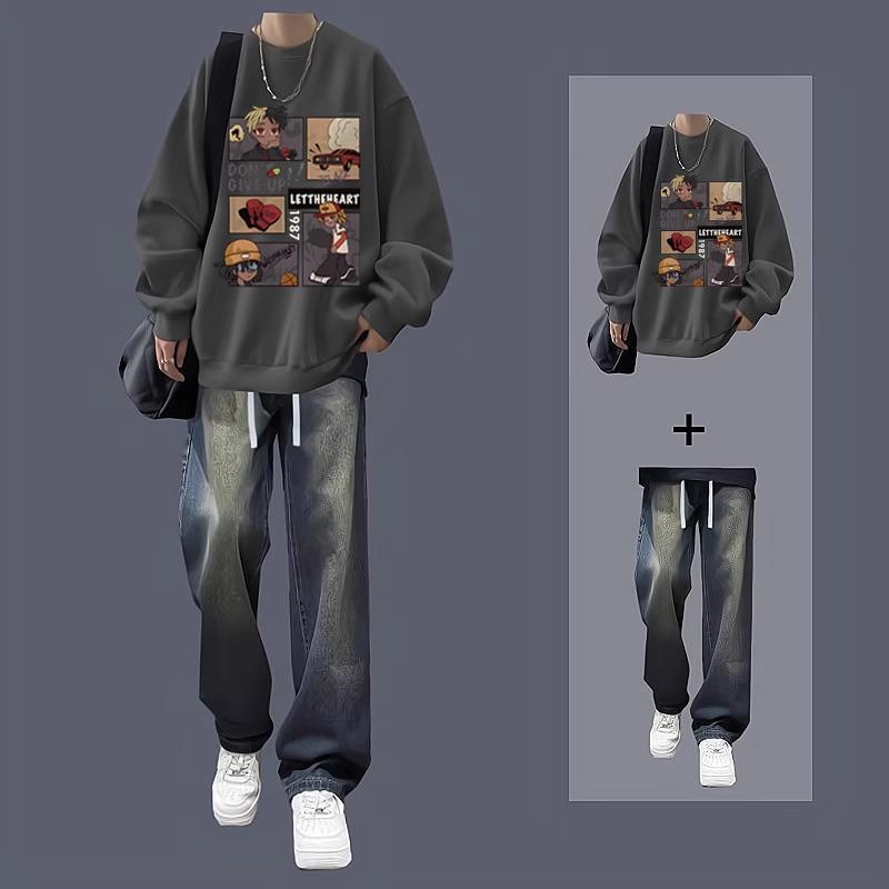 Men's Trendy Autumn/Winter Sweatshirt & Jeans Two-Piece Set for Teen Students