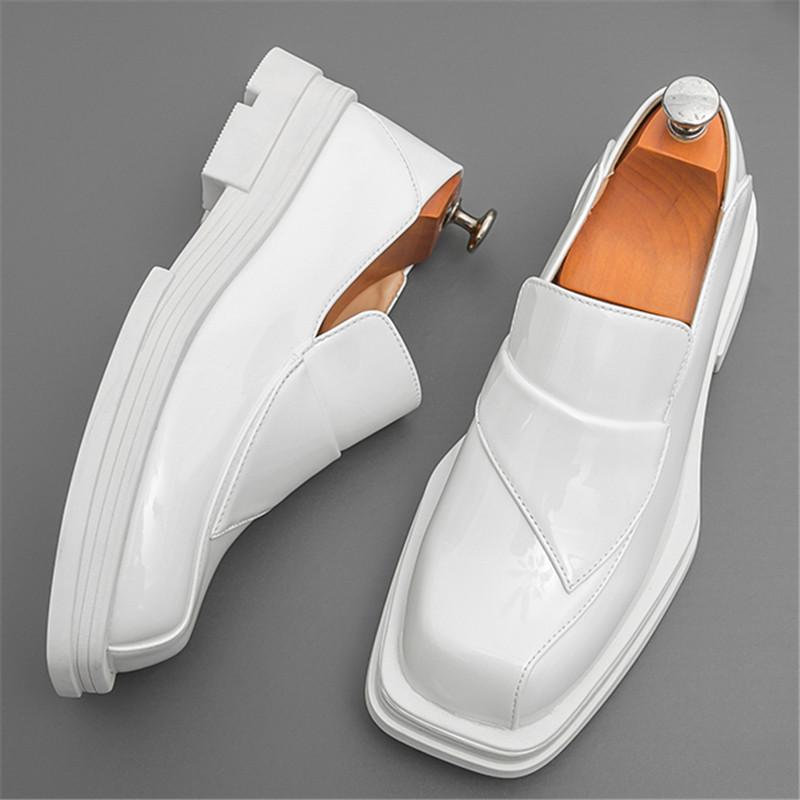 Fashion Luxury Retro Designer White Square Toe Thick-soled Height Increasing Shoes For Men Formal Wedding Prom Dress Performance Loafer