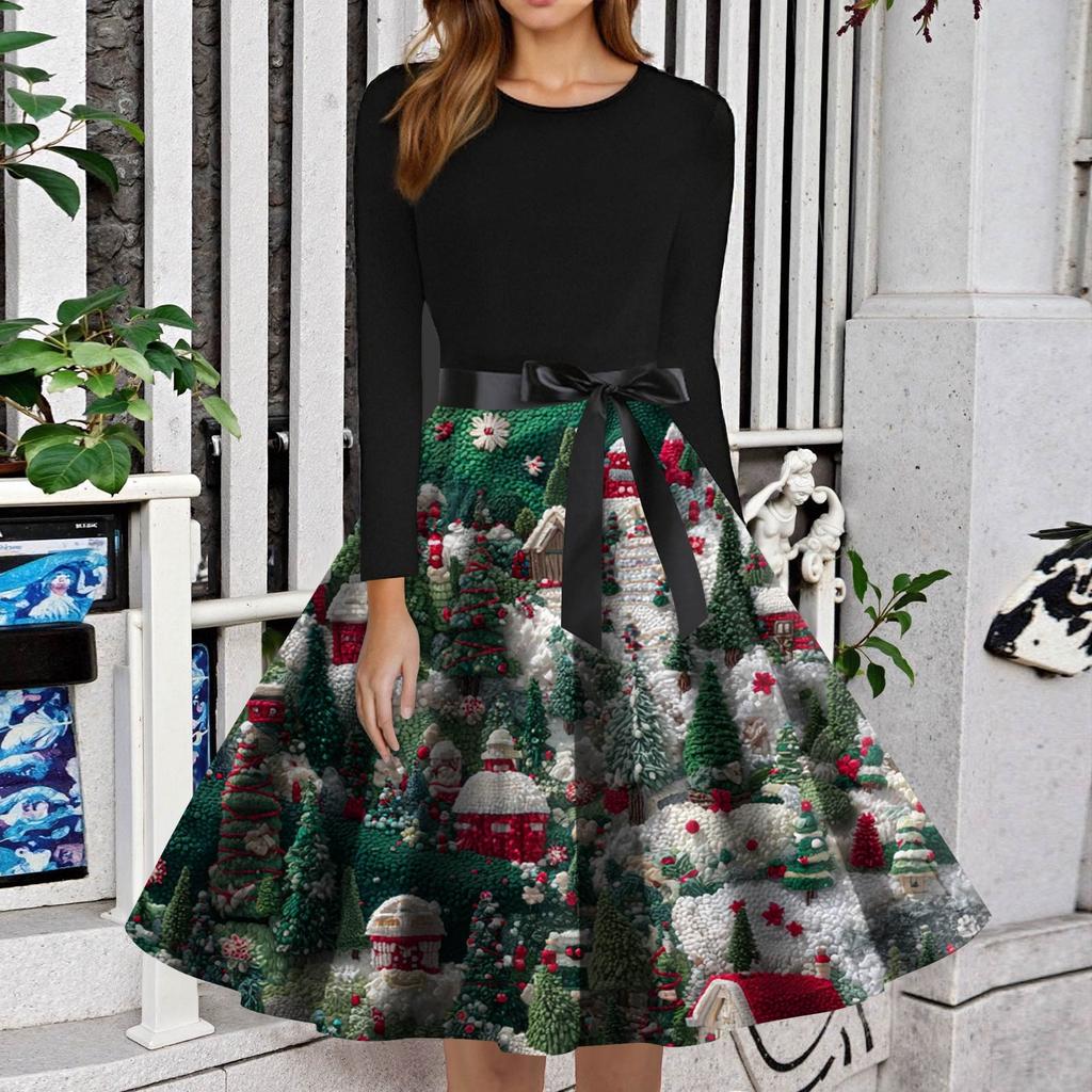 Women's Fashion Round Neck Slim-Fit Christmas Print Long-Sleeved Dress