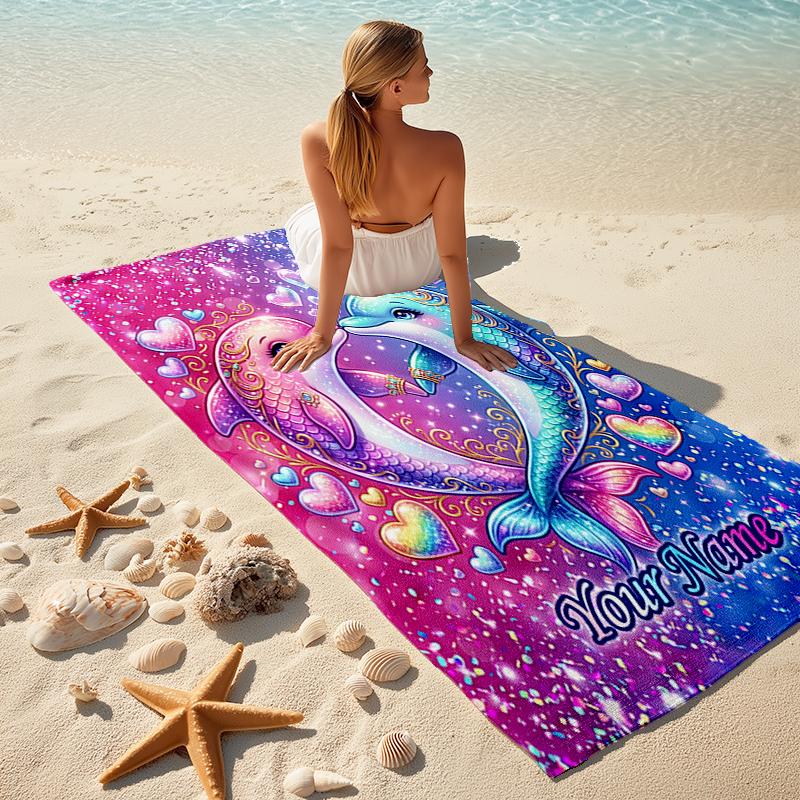 1PC Custom Name Dolphins Love Artwork Beach Towel Highly Absorbent And Sand-Resistant Towel for Swimming, Pool, Yoga, And Travel Lightweight