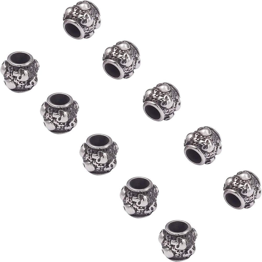 Halloween 316 Surgical Stainless Steel European Beads, Large Hole Beads, Barrel with Skull, Antique Silver, 8.5x9.5mm, Hole: 4.5mm, 10pcs/box