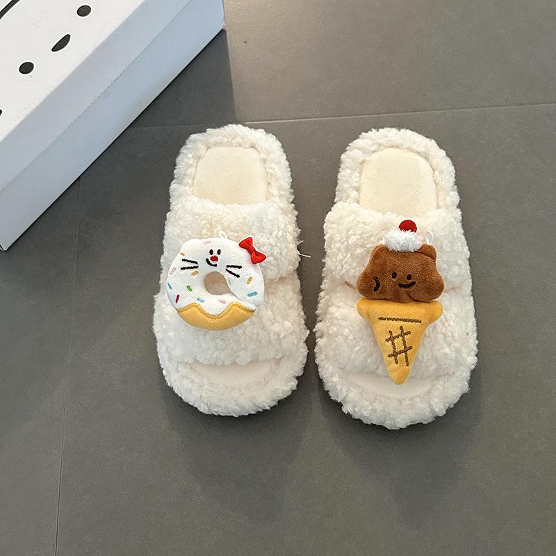 

Модная ниша милые мультяшные однословные тапочки женские сезонные мороженое теплые нескользящие плоская подошва пушистые тапочки тренд 40-41 белый