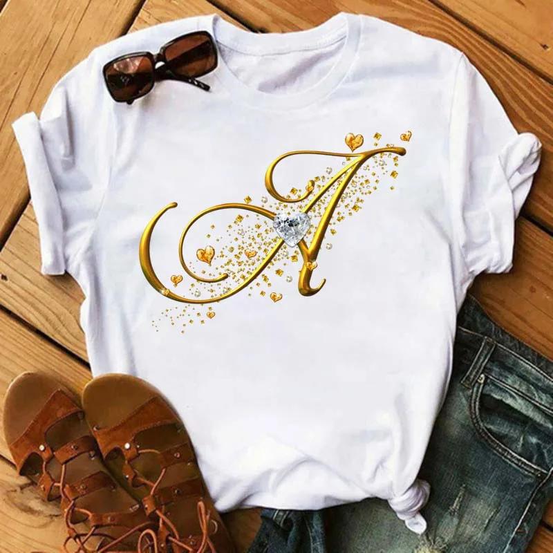 Custom Name Letter Combination Fashion Women T-shirt Diamond Gold Letter Font Short Sleeve Tops Black T-shirt