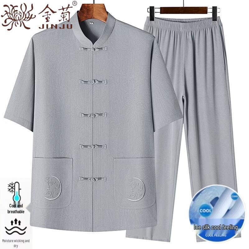 Jinjuku Men's Summer Ice Silk Jacquard Tang Suit Set