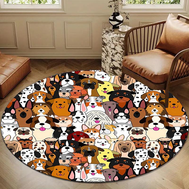 Polyester Round Area Rug, Puppy Print, Non-Slip Chair Mat, Velvet Carpet, for Bedroom, Living Room, Home Decor, Bedside