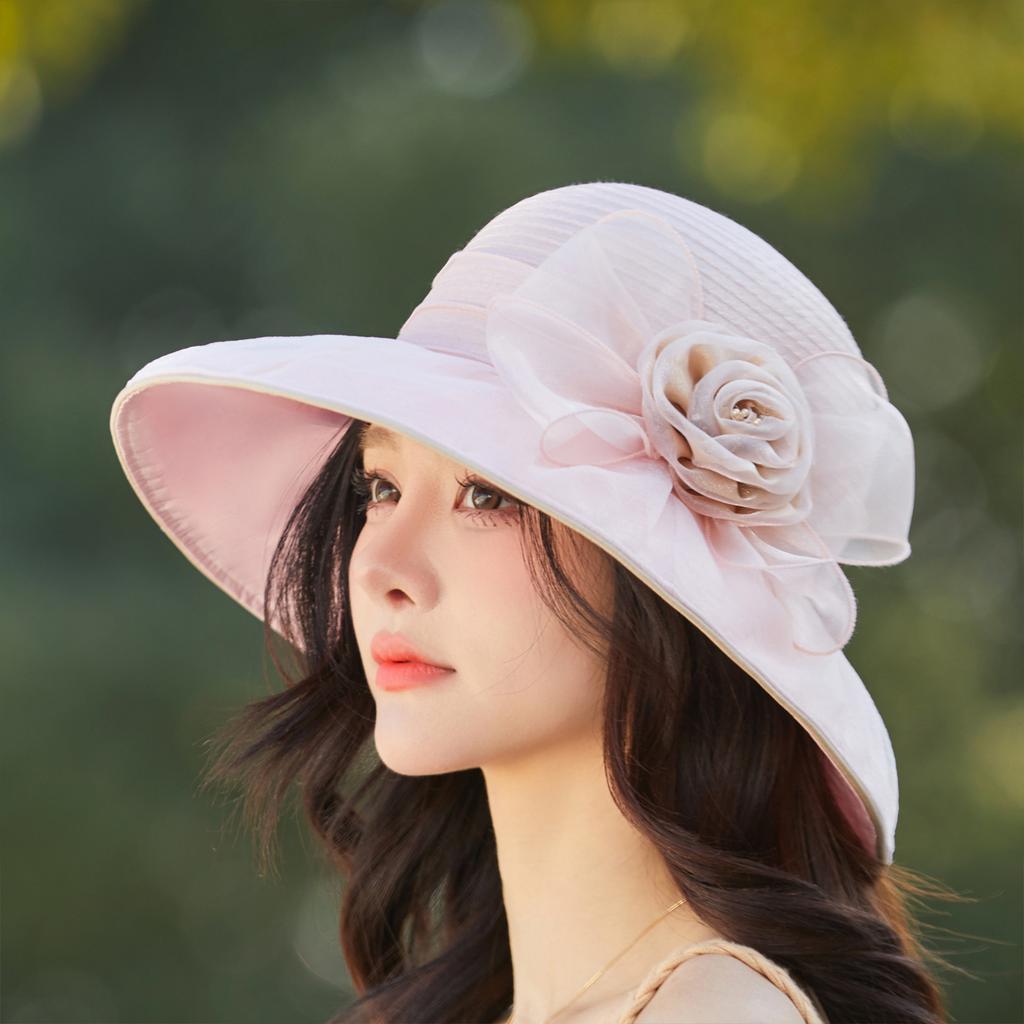 Elegant organza sun hat summer ladies outdoor UV blocking flower sun hat mom sun hat