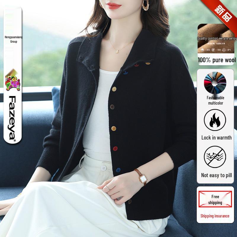 

Женский вязаный кардиган из 100% чистой шерсти с отложным воротником - Осенняя мода, короткая куртка Extra Large чёрный