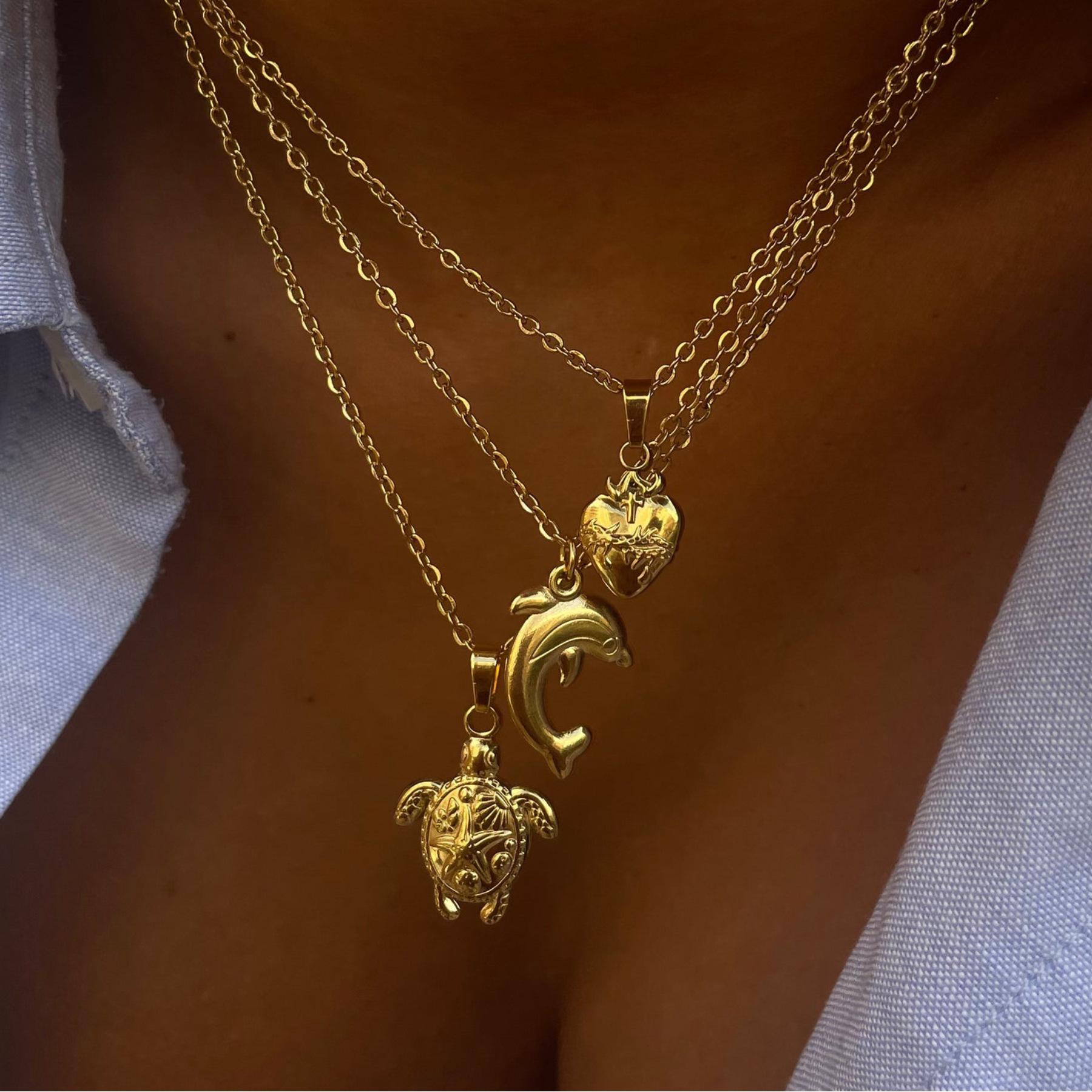 Beach Turtle Dolphin Necklace Summer Style Lychee Necklace Ocean Style Stainless Steel Plated 18K Gold