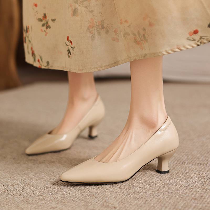 Krazing Pot Genuine Leather Round Toe Thin Heels Summer Shoes Solid Big Size 42 Shallow Decoration Women Shallow Pumps