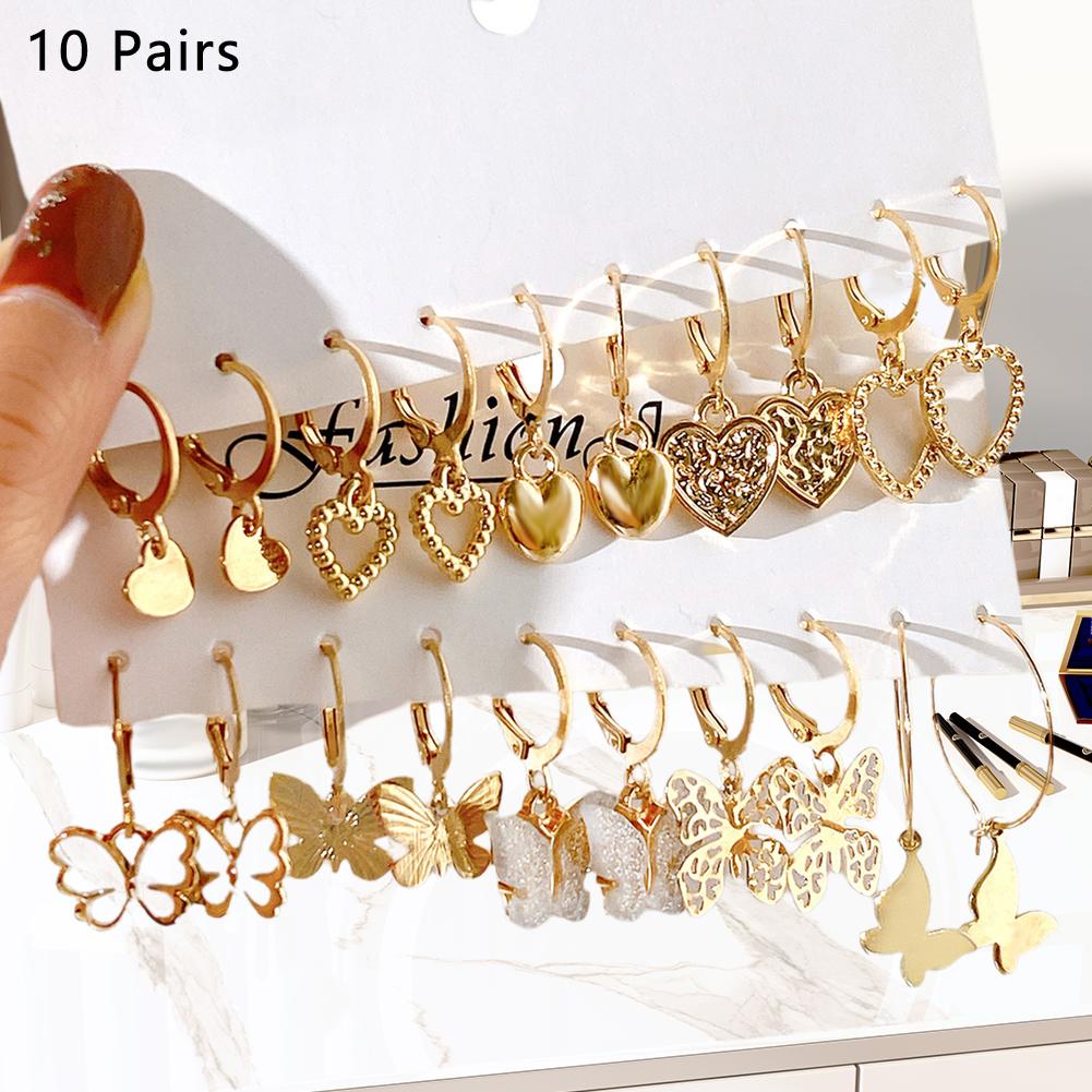 New Gold Color Butterfly Love Hoop Earrings Set New Fashion Dangle Earring Jewelry Hollow Trend W8Q1