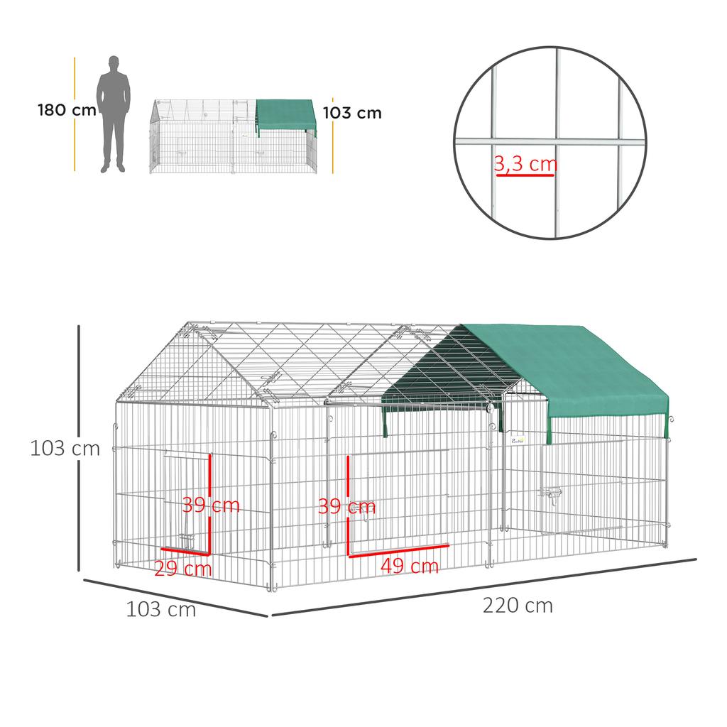 Playpen for Small Animals, Outdoor Enclosure, 4 Ground Stakes, 220 cm x 103 cm x 103 cm, Black + Green