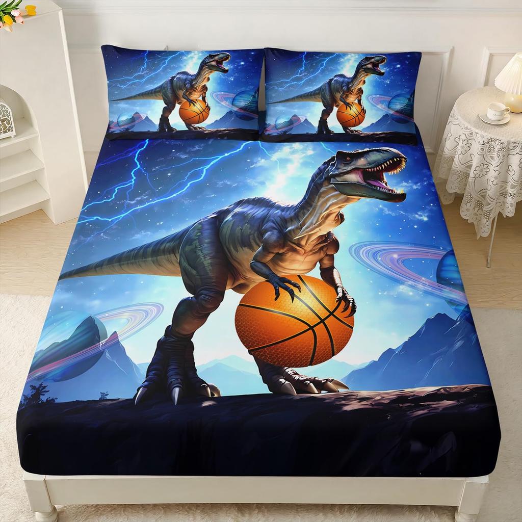 Cute Dinosaur Bedding Set 2pcs Single Size Fitted Sheet with Pillowcase for Kids Boys Teens Cartoon Animal Design