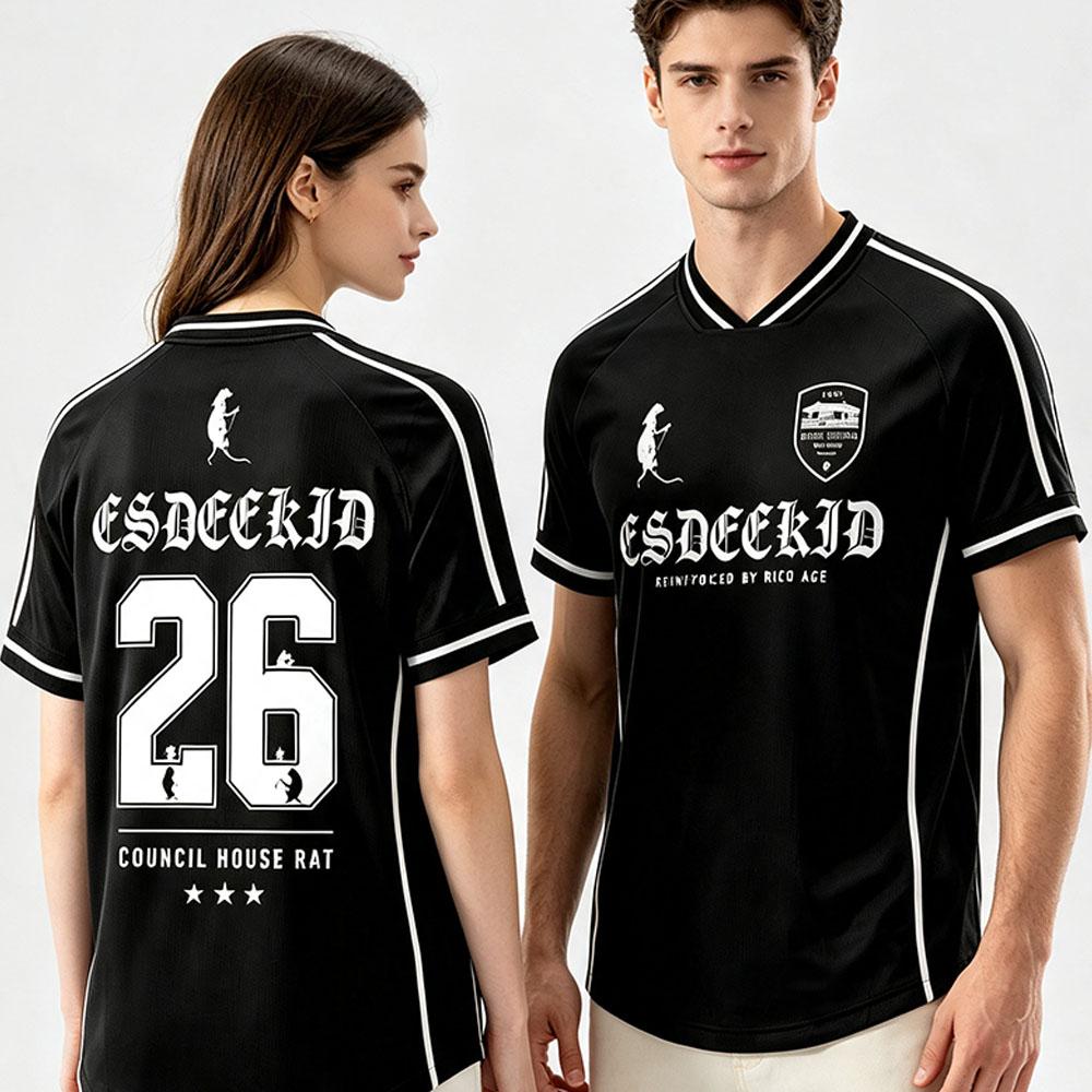 EsDeeKid COUNCIL HOUSE RAT Fußballtrikot V-Ausschnitt Kurzarm Sommer Locker Fußball T-Shirt Unisex Streetwear Design Print Shirt Oberteile