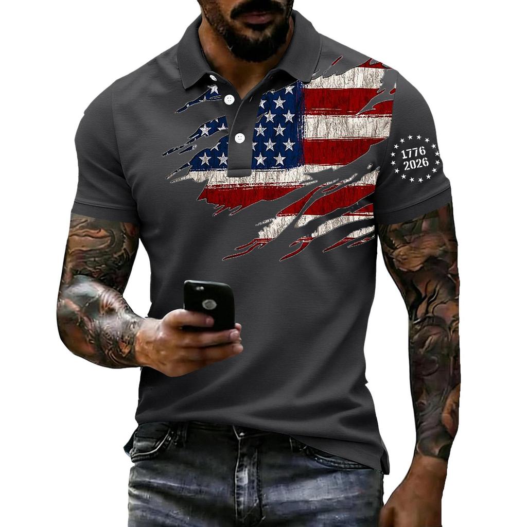 Men Loose Fit Casual Polo Shirt Short Sleeve with Flag Print Lapel Collar Comfortable Breathable Fabric