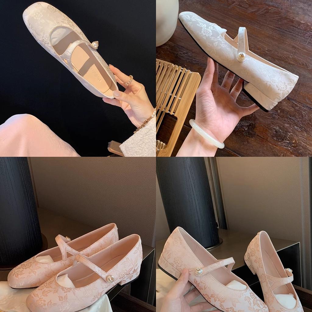 Sheepskin Version of Grape Mother, the Same Tuberose National Style New Chinese Pearl with Square Head Jacquard Mary Jane Single Shoes