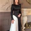 Color Block Long Sleeve Dress Slim Fit With Belt Round Neck Street Style Maxi Length
