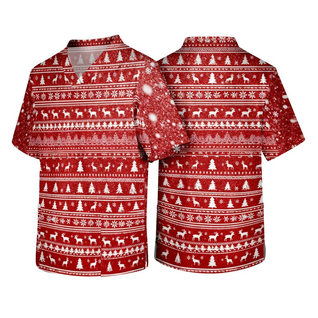 Men's Christmas Theme Caregiver Uniform, Holiday Scrub Top for Nurses and Workers