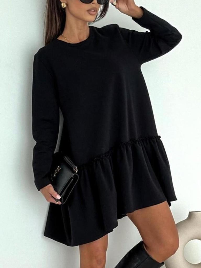 Elegantní evropské a americké plisované jednobarevné dlouhé šaty s volánkovým kulatým výstřihem