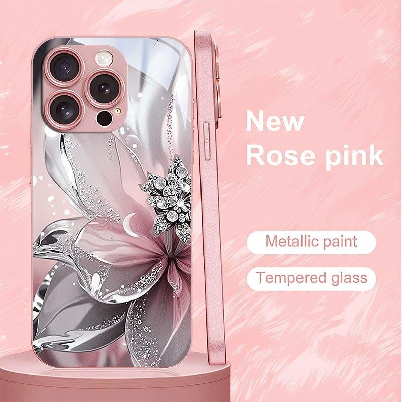 

Рожевий металізований скляний чохол для телефону з візерунком сріблястих текстурованих квітів для iPhone 11 12 13 14 15 16 17 Pro Max 15 Plus 17 Air 16E iPhone 15 Pro Max